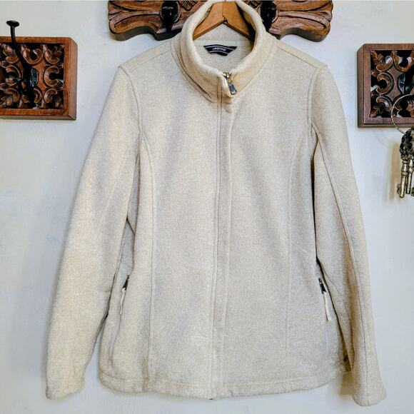Lands End Womens Sweater Fleece Line Jacket Tan Heather Full Zip Pockets✨️L Tall - Picture 1 of 13